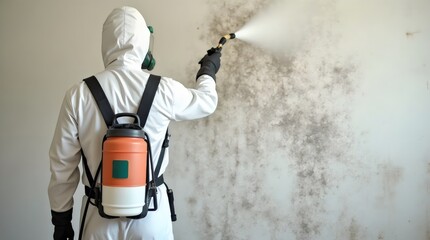 Mold remediation service: A professional worker spraying products to remove mold before house painting, clad in a protective suit and respirator mask, with a backpack sprayer at a home renovation site