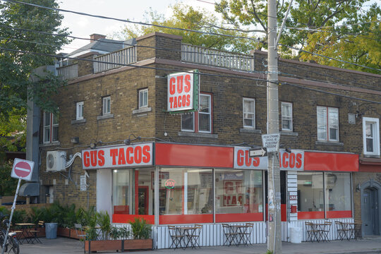 wide view of Gus Tacos, a Mexican restaurant, located at 1533 Queen Street West in Toronto, Canada