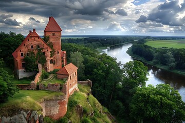 Naklejka premium Aerial view of the medieval castle of Trakai in Lithuania.