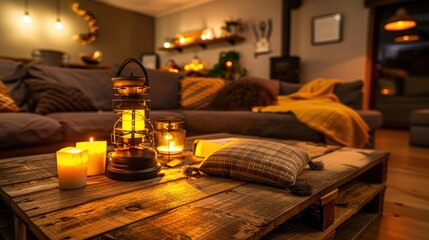 Cozy Living Room with Candles, Lantern, and a Wooden Table