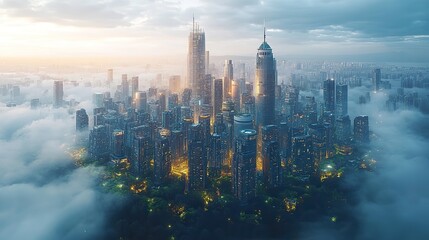 Naklejka premium A smart city is portrayed in a 3D illustration, with a futuristic aerial view highlighting business and technology advancements in urban environments.