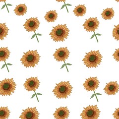 Watercolor sunflowers seamless pattern on white background