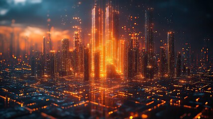 Fototapeta premium A smart digital city with an abstract hologram, symbolizing global connectivity and the high-speed capabilities of 5G networks.