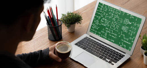 Mathematic equations and modish formula on computer screen showing concept of science and education