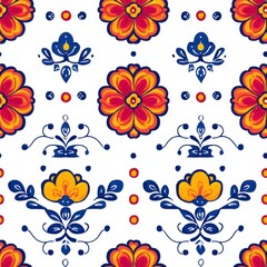 Obraz premium Vibrant Floral Art Pattern with Bold Orange & Yellow Flowers, Blue Accents on White Background, Traditional Decorative Design, Perfect for Textiles, Home Decor, or Graphic Design