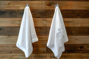 Three beige towels hanging on wooden wall in bathroom.