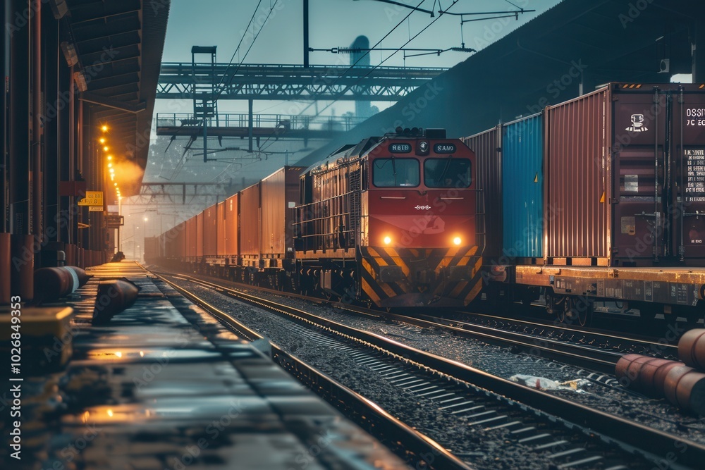 Aufkleber A freight train is actively being loaded with containers at a bustling railway station as evening approaches. Generative AI