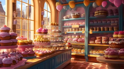 A Charming Bakery Filled with Colorful Cupcakes and Pastries