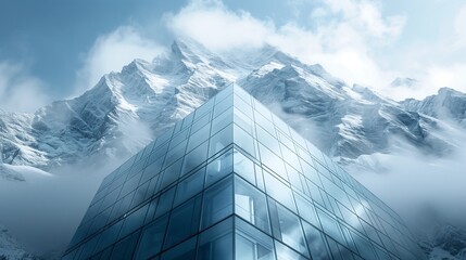 Striking Contrast Between Modern Architecture and Nature: Skyscraper Against a Dramatic Mountain Range, Capturing the Essence of Contemporary Design in a Stunning Desktop Wallpaper