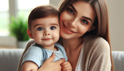 A loving mother smiles as she holds her baby, capturing the joy and warmth of family and motherhood