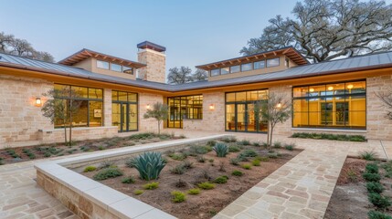 Modern Stone House with Expansive Windows and a Stone Patio