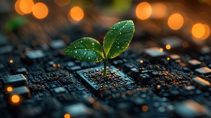 A sprout growing on a computer chip, symbolizing technology-driven innovation in green energy.