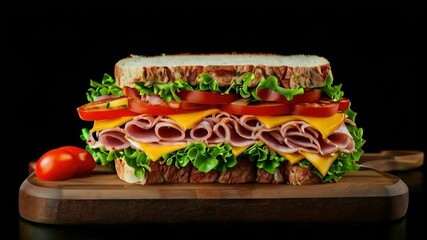 a sandwich, served on a chopping board with tomatoes beside it, isolated on a black background - Powered by Adobe