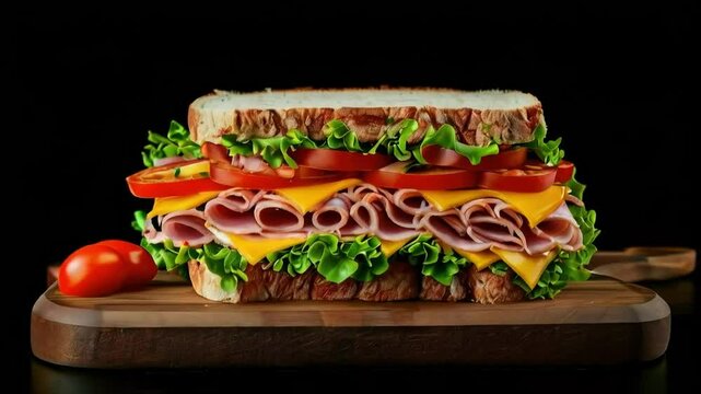 a sandwich, served on a chopping board with tomatoes beside it, isolated on a black background