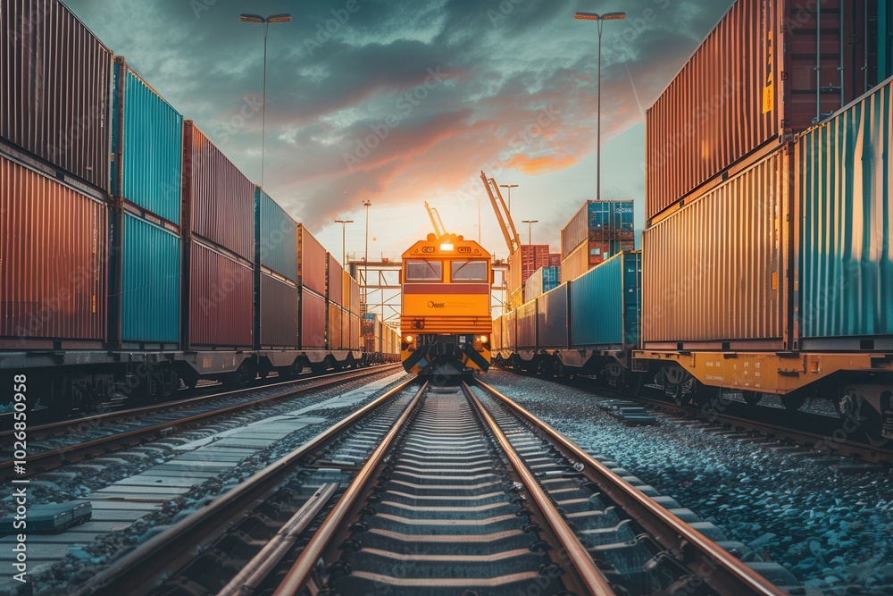 Poster a freight train is being loaded with colorful containers at a busy railway station as the sun sets o