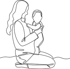 Mom and baby one line art vector