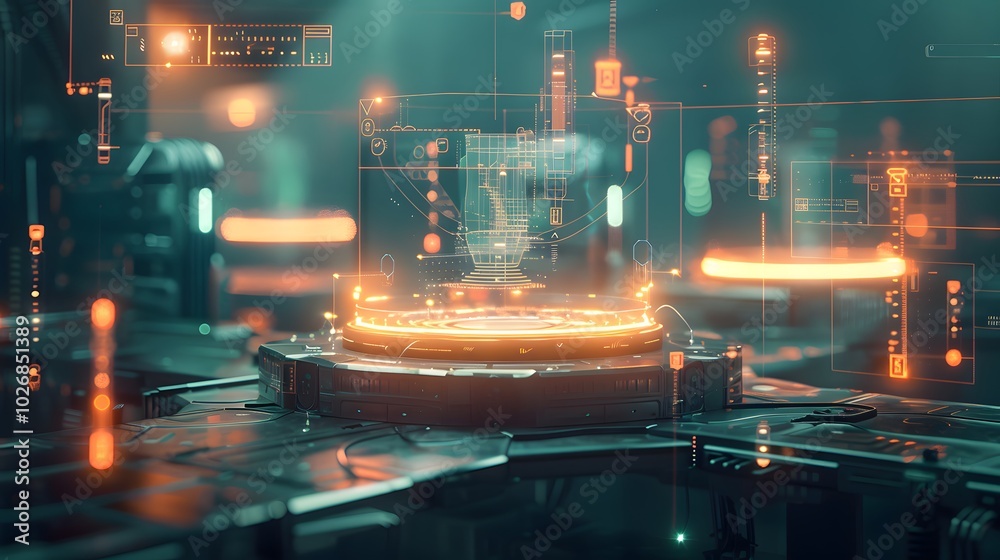Poster a dynamic workshop scene where a concept is iteratively improved through glowing, evolving prototype