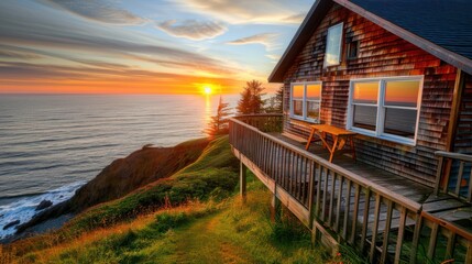 Obraz premium Coastal Cottage with Sunset View and Deck