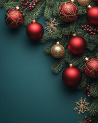 Christmas themed banner with blank space on a green background adorned with festive pine boughs, red ornaments, and golden snowflakes.