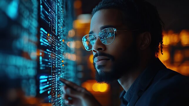 A team of diverse software engineers works on a cloud computing project, analyzing code on a large screen, using digital tablets, and employing artificial intelligence for big data parsing.