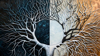 A striking split image showing one side with a multitude of paths branching out (divergent thinking) and the other side narrowing down to a single, focused idea (convergent thinking) 