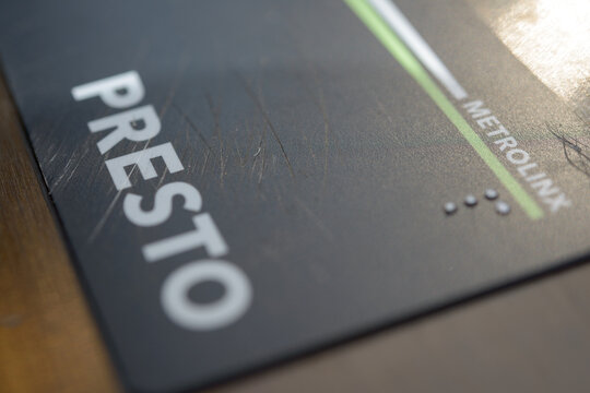 close-up of a Presto Card (Metrolinx) electronic payment system for public transit in Toronto and the province
