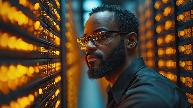 A technician inspects cryptocurrency mining servers, tackling complex equations in a high-tech blockchain facility.