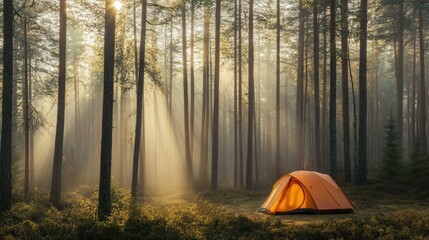 Orange tent amidst towering pine trees, bathed in morning sunlight filtering through misty forest