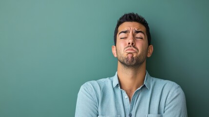 Obraz premium Frustrated Man Biting Lip Against Green Background