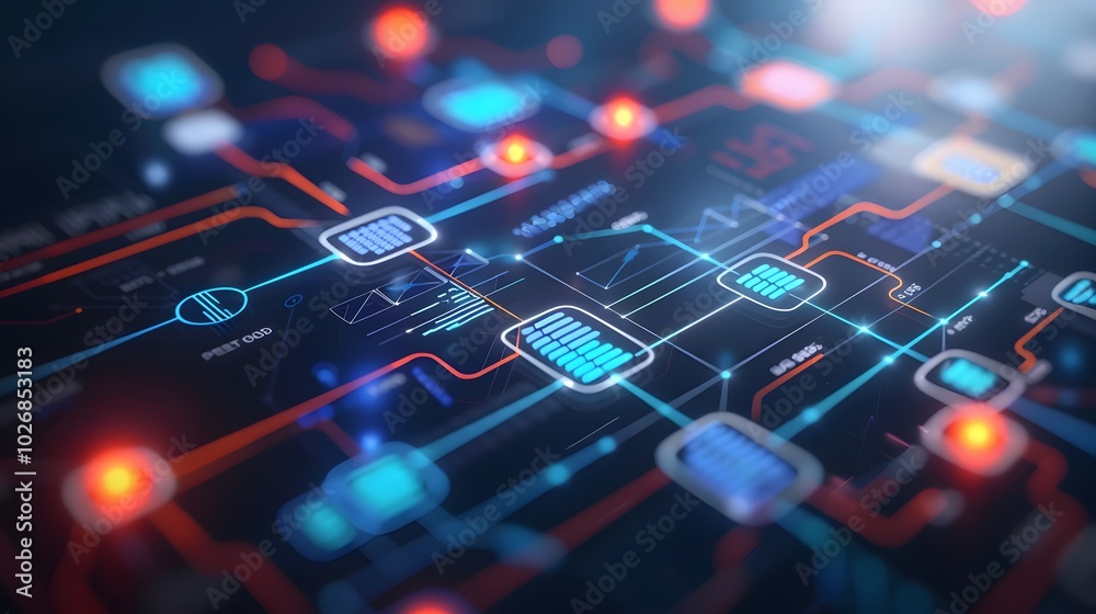 Poster a sleek, digital flowchart or process map displayed in a high-tech interface, outlining the steps, i