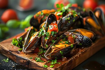 A vibrant display of fresh mussels with herbs and tomatoes on a rustic wooden board.