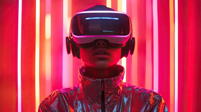 A teenager enjoys a virtual reality sports game, set against a futuristic neon background that showcases the immersive potential of VR technology.