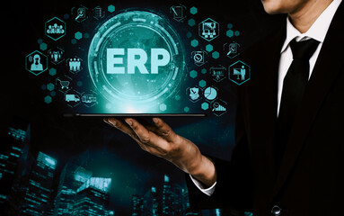 Enterprise Resource Management ERP software system for business resources plan presented in modern...