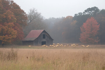 Fototapeta premium A barn with a red roof and a herd of sheep grazing in a field