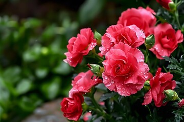 Vibrant pink roses adorned with raindrops in a lush green garden.