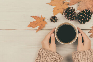 A person holding a cup of coffee with a pile of autumn leaves