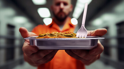 prisoner in orange jumpsuit holding metal food tray in jail