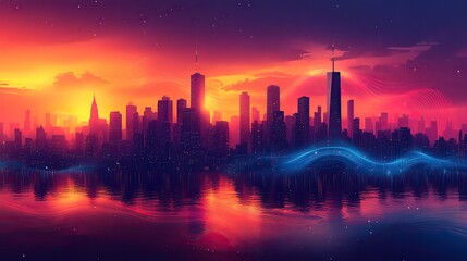 A vibrant city skyline with digital wave patterns represents futuristic urban progress, capturing the essence of technology in the modern era.
