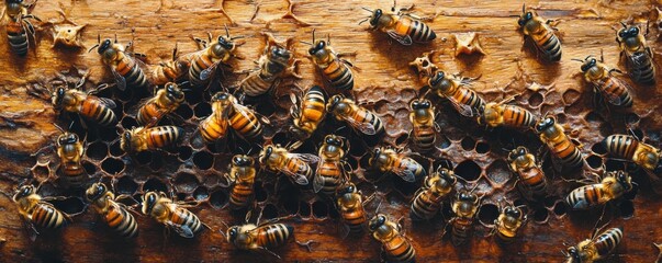 A close-up view of honeybees buzzing around their hive, showcasing their intricate patterns and natural wooden surroundings.