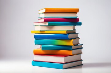 Stack of colorful books on white background