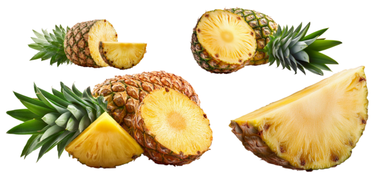 piña, piña cortada, varias presentaciones, png, AI, inteligencia artificial, fondo transparente, fruta tropical, apetitoso, entero, sabroso, creativo, rebanado, saludable, piña, fruta, dulce, tropical