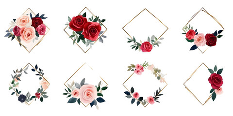 Set of flowers wreath with leaves isolated on transparent background. PNG