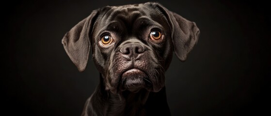 A close-up portrait of a black pug dog, showcasing its expressive eyes and unique features against a dark background.