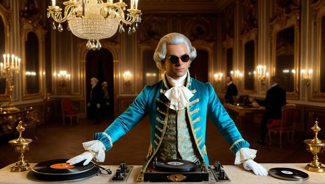 Wulfgang Amadeus Mozart Wearing 18th Century Rococo Costume, Headphones, and Sunglasses. He is Spinning Records, Mixing music in A Luxurious Baroque-Style Ballroom with People in The Background.