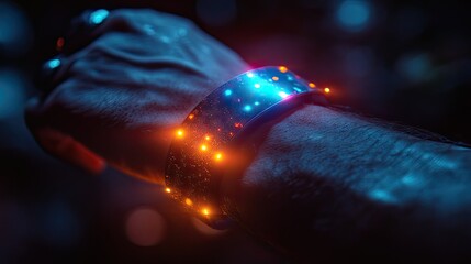 A wearable projection bracelet on a man's hand functions as a smartphone, representing invisible tech and innovations in future communication and technology.