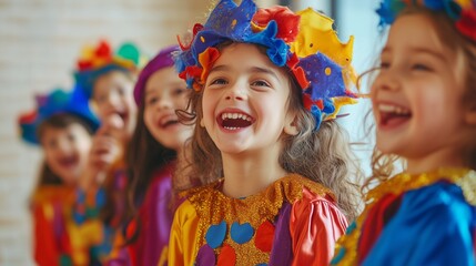 A playful scene of children in colorful costumes for Purim, laughing and enjoying the festivities as they prepare for a costume parade and Purim spiel
