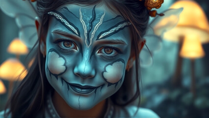 Girl with blue butterfly face paint smiling in a whimsical forest setting