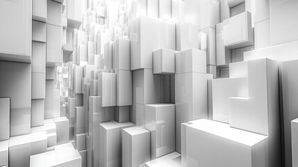 A white tech background with a geometric 3D structure, showcasing clean, minimal design elements with futuristic forms in a 3D render.