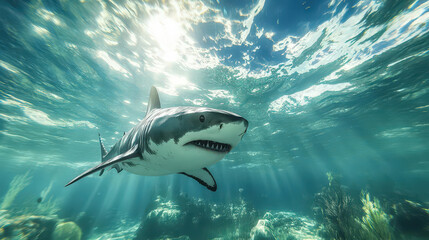 Naklejka premium A majestic shark gliding gracefully through crystal-clear water, showcasing its powerful presence beneath the ocean waves.