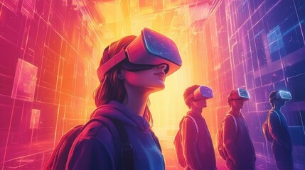Fototapeta premium A group of individuals exploring virtual reality in a vibrant and futuristic setting, showcasing the technology's immersive experience.